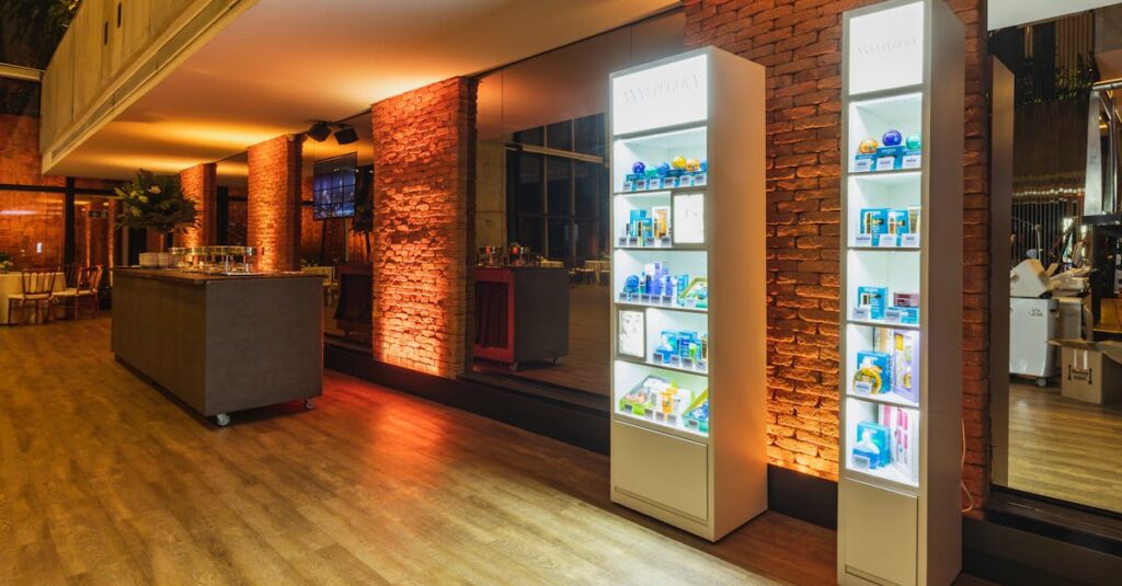 店頭のドラッグストアでクレンジングオイルの陳列棚を探す女性