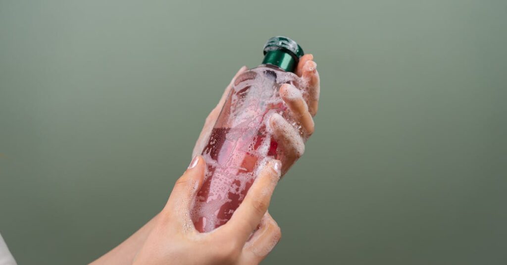 スキン スムージング クレンザーの使用シーン。泡でやさしく洗い流す様子がわかるイメージ画像